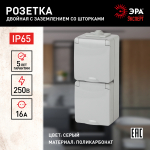 Розетка ЭРА Эксперт 11-2608-03 накладная IP65 16A 250В серый двойная с заземлением со шторками вертикальная