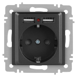 Розетка Intro Accent 6-410-07 P+E Schuko со шторками, 16А-250В + 2хUSB, IP20, СУ, графит