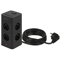Сетевой фильтр ЭРА TWR-8es-1,5m-4USB-B башня с защитой заземлением с выключателем 8 розеток+4xUSBA+C 1,5м 16А черный
