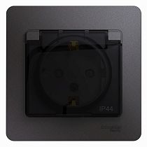 Glossa Графит Розетка с заземлением со шторками с крышкой IP44 (в сборе с рамкой) Systeme Electric (Schneider Electric)