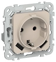 FLITE Розетка 1-местная с заземлением с защитными шторками 16А с USB A+A 3,1А безвинтовое крепление РСЮша11-1-ФлЛ льняной IEK