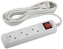 Удлинитель электрический ЭРА без заземления с выключателем 3 розетки 5м ПВС 2x1 10А, Белый, U-3s-5m-