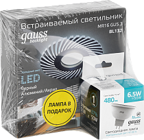 Набор Gauss Светильник Backlight BL132 3W + Лампа MR16 6,5W 480lm 4100K GU5.3 LED Набор Gauss Светильник Backlight BL132 3W + Лампа MR16 6,5W 480lm 4100K GU5.3 LED