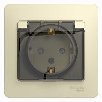 Glossa Бежевый Розетка с заземлением со шторками с крышкой, IP44 (в сборе с рамкой) Systeme Electric (Schneider Electric)