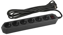 Сетевой фильтр ЭРА с базовой защитой, заземлением и выключателем 6 розеток 5м 10А, Чёрный, USF-6es-5