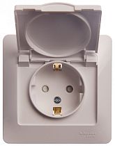 Glossa Белый Розетка с заземлением со шторками с крышкой, IP20 (в сборе с рамкой) Systeme Electric (Schneider Electric)