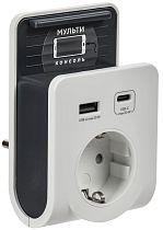 Адаптер Т-03/01 1 место 2P+PE 16А 2хUSB A+C 20Вт с подставкой бело-черный IEK