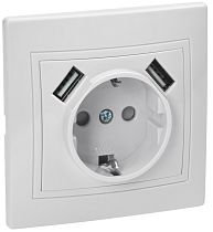 Розетка KVARTA одноместная РЮш10-1-КБ с заземляющим контактом и защитными шторками 16А USBх2 2,1А белый  IEK