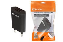 Сетевое зарядное устройство, СЗУ 2, 1 А, 1 USB, черный,  TDM
