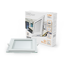 Светильник Gauss, квадратный с декоративным стеклом, 160х160х30мм, d118x118мм 12Вт 3000K, 900lm