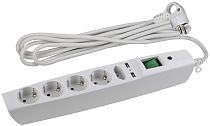 Сетевой фильтр ЭРА с надёжной защитой, заземлением и выключателем 5 розеток 2xUSB 2м 10А, Белый, SFU