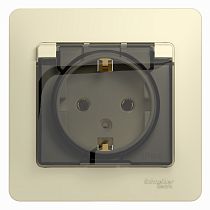 Glossa Бежевый Розетка с заземлением со шторками с крышкой, IP20 (в сборе с рамкой) Systeme Electric (Schneider Electric)