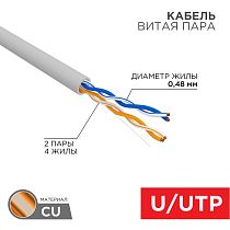 Кабель витая пара U/UTP, CAT 5e, PVC, 2PR, 24AWG, INDOOR, SOLID, серый, 305 м, PROconnect