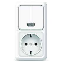 Блок Олимп, открытой установки, выключатель двухклавишный с подсветкой 10А + розетка с заземлением 16A 220В, вертикальный белый UNIVERSAL