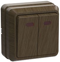 Выключатель двухклавишный ОП Октава 10А IP20 ВС20-2-1-ОД с индикацией дуб  IEK