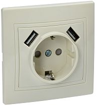 Розетка KVARTA одноместная РЮш10-1-ККм с заземляющим контактом и защитными шторками 16А USBх2 2,1А кремовый  IEK