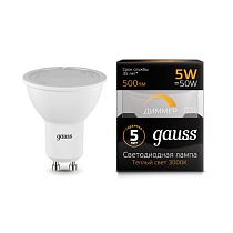 Лампа светодиодная Gauss MR16 GU10-dim 5Вт 500lm 3000K диммируемая Лампа светодиодная Gauss MR16 GU10-dim 5Вт 500lm 3000K диммируемая