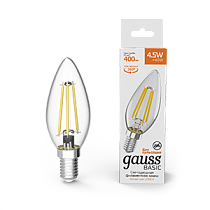 Лампа светодиодная Gauss Basic Filament Свеча 4,5Вт 400lm 2700К Е14 Лампа светодиодная Gauss Basic Filament Свеча 4,5Вт 400lm 2700К Е14