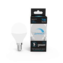 Лампа Gauss Шар 7W 590lm 6500К E14 диммируемая LED 1/10/100 Лампа Gauss Шар 7W 590lm 6500К E14 диммируемая LED 1/10/100