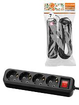Удлинитель 4 гнезда, 7 метров, с/з, выкл., 10 А, 2300 Вт, черный, НАРОДНЫЙ У1-42056