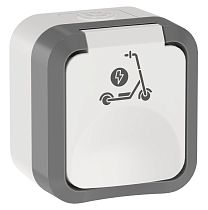 TORS Розетка 1-местная с заземлением защитными шторками и крышкой с иконкой самокат 16А IP55 TS321 серо-белый IEK TORS Розетка 1-местная с заземлением защитными шторками и крышкой с иконкой самокат 16А IP55 TS321 серо-белый IEK