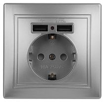 Розетка ЭРА Intro Plano 1-410-03 16А 250В + 2хUSB 5В-21А алюминий с заземлением со шторками