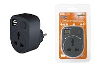 Адаптер универсальный поворотный  с/з 250В 16А + 2USB 2.1A черный  TDM