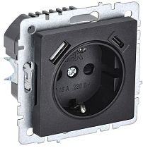 Розетка BRITE одноместная с заземлением с защитными шторками 16А с USB A+C 18Вт РЮш11-1-БрЧ черный  IEK
