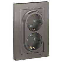 AtlasDesign Сталь Розетка с заземлением 2-ая, со шторками, 16А, (в сборе с рамкой) Systeme Electric (Schneider Electric)