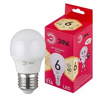 Лампа светодиодная ЭРА RED LINE LED P45-6W-827-E14 R шар теплый белый свет Лампа светодиодная ЭРА RED LINE LED P45-6W-827-E14 R шар теплый белый свет