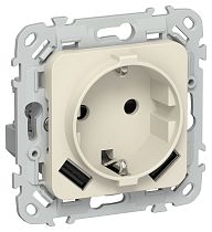 FLITE Розетка 1-местная с заземлением с защитными шторками 16А с USB A+A 3,1А безвинтовое крепление РСЮша11-1-ФлСл сливочный IEK