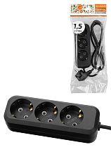 Удлинитель 3 гнезда, 1,5 метра, с/з, 10 А, 2300 Вт, черный, НАРОДНЫЙ У1-32049