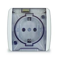 Розетка одноместная с прозрачной крышкой серия "Клио", IP54, с/з, о/у, 16А, 220В, белая UNIVERSAL