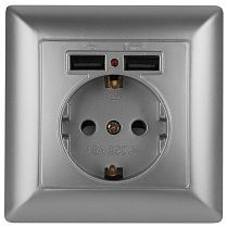 Розетка ЭРА Intro Solo 4-410-03 с заземлением P+E Schuko со шторками, 16А-250В + 2хUSB, IP20, скрытой установки, алюминий