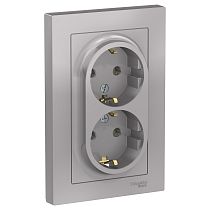 AtlasDesign Алюминий Розетка с заземлением, двойная, 16А, (в сборе с рамкой) Systeme Electric (Schneider Electric)