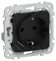 FLITE Розетка 1-местная с заземлением с защитными шторками 16А с USB A+A 3,1А безвинтовое крепление РСЮша11-1-ФлЧ черный IEK