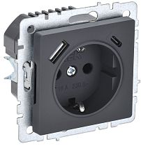 Розетка BRITE одноместная с заземлением с защитными шторками 16А с USB A+C 18Вт РЮш11-1-БрГ графит  IEK