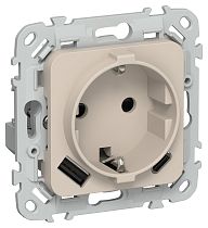 FLITE Розетка 1-местная с заземлением с защитными шторками 16А с USB A+C 20Вт безвинтовое крепление РСЮшс11-1-ФлЛ льняной IEK