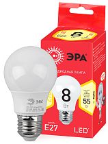 Лампа светодиодная ЭРА RED LINE ECO LED A55-8W-827-E27 груша теплый белый свет Лампа светодиодная ЭРА RED LINE ECO LED A55-8W-827-E27 груша теплый белый свет