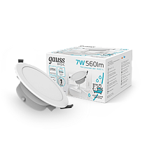 Светильник Gauss Basic Downlight круг 7W 560lm 4000K 185-250V IP54 95*45 белый LED 1/40