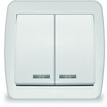 Выключатель двухлавишный с подсветкой UNIVERSAL серия "Клио", IP44, о/у, 10А, 220В, белый (еврослот)