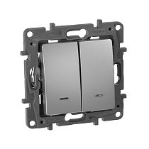 ETIKA Выключатель 2-клавишный проходной с подсветкой/индикацией 10А безвинтовое крепление алюминий