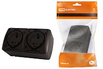 Розетка двойная 2П+3 открытой установки IP54 16А с прозрачной крышкой шоколад "Селигер"  TDM