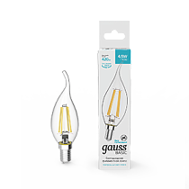 Лампа светодиодная Gauss Basic Filament Свеча на ветру 4,5Вт 420lm 4100К Е14 Лампа светодиодная Gauss Basic Filament Свеча на ветру 4,5Вт 420lm 4100К Е14