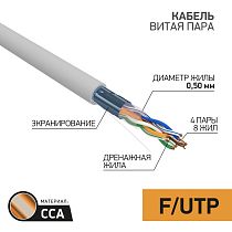 Кабель витая пара омедненный, F/UTP, CAT 5e, PVC, 4PR, 24AWG, INDOOR, SOLID, серый, 25 м, PROconnect