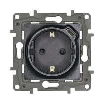 ETIKA Розетка 1-местная с заземлением с защитными шторками безвинтовые зажимы 16А с USB C 7,5Вт антрацит