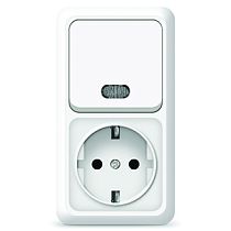 Блок Олимп, открытой установки, выключатель одноклавишный с подсветкой 10А + розетка с заземлением 16A, 220В, вертикальный белый UNIVERSAL