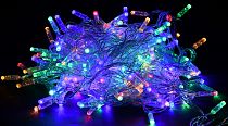 LIGHTING Гирлянда нить 10м 100 светодиодов RGB свет IP44 прозрачный шнур 3м 230В контроллер 8 сцен  IEK