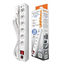 Фильтр-удлинитель "UNIVersal" 6гн. с USB type-A + type-C, ПВС 3*0,75, 10А/2,2кВт белый 1,8м