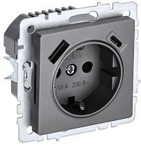 Розетка BRITE одноместная с заземлением с защитными шторками 16А с USB A+C 18Вт РЮш11-1-БрС сталь  IEK
